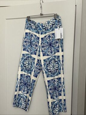 Blue Tile Print Cropped Pants - Unbranded